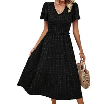 Women Summer V Neck Boho Dot Print Dress Short Ruffle Tiered Sleeve Smocked Midi Dress Wedding Guest