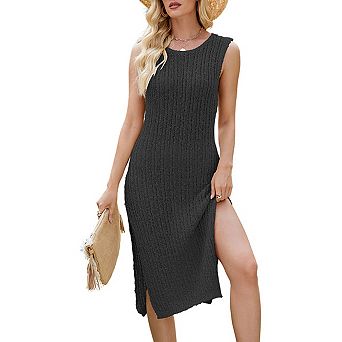 Women's Sleeveless Knit Dress Crewneck Side Slit Casual Midi Dress