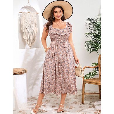 Women's Plus Size Square Neck Midi Dress with Pockets