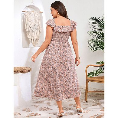 Women's Plus Size Square Neck Midi Dress with Pockets