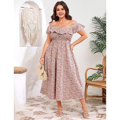 Women's Plus Size Square Neck Midi Dress with Pockets