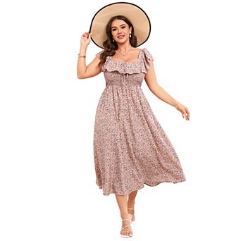 Women's Plus Size Square Neck Midi Dress with Pockets