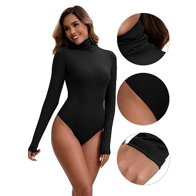 2 Packs Women's High Neck Long Sleeve Tops Slim Fit Bodysuit Jumpsuit