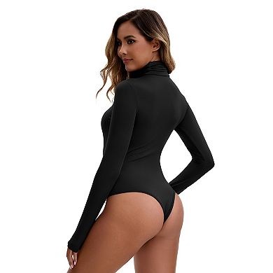 2 Packs Women's High Neck Long Sleeve Tops Slim Fit Bodysuit Jumpsuit