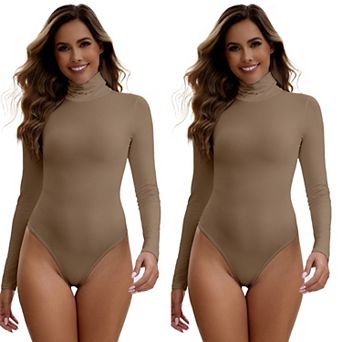 2 Packs Women's High Neck Long Sleeve Tops Slim Fit Bodysuit Jumpsuit