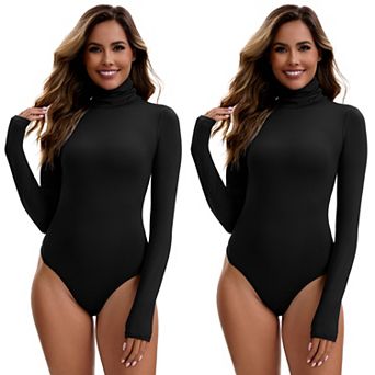 2 Packs Women's High Neck Long Sleeve Tops Slim Fit Bodysuit Jumpsuit