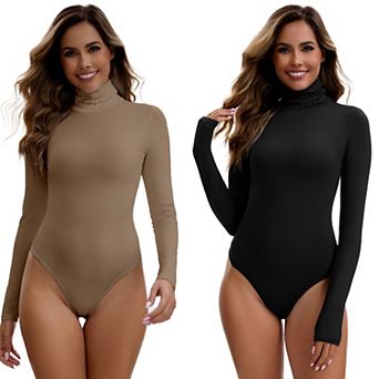 2 Packs Women's High Neck Long Sleeve Tops Slim Fit Bodysuit Jumpsuit