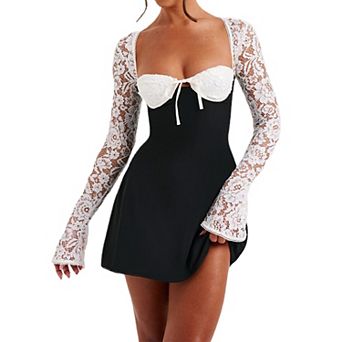 Women's Lace Sleeve Slim Fit Mini Dress, Elegant Square Neck Tie Back Bodycon Party Dress