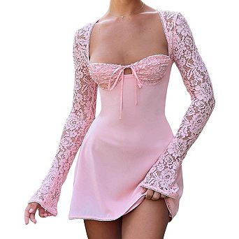 Women's Lace Sleeve Slim Fit Mini Dress, Elegant Square Neck Tie Back Bodycon Party Dress