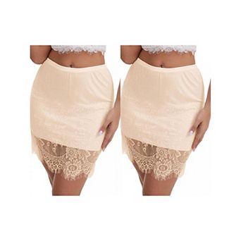 2 Packs Women's Anti-Static Above Knee Half Slip Solid Regular Fit Lace Hem Short Under Dresses
