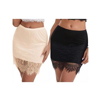 2 Packs Women's Anti-Static Above Knee Half Slip Solid Regular Fit Lace Hem Short Under Dresses