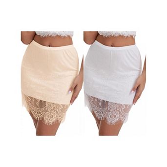 2 Packs Women's Anti-Static Above Knee Half Slip Solid Regular Fit Lace Hem Short Under Dresses