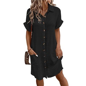 Women's Summer V Neck Button Down Dress Solid Color Casual Midi Length Simple Beach Dresses