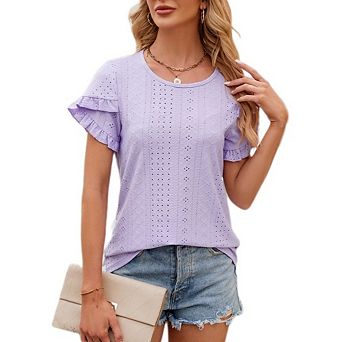 Women's Casual Everyday Wear Loose Fit Blouse Crew Neck Eyelet Top Ruffle Petal Short Sleeve Shirt