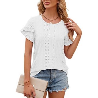 Women's Casual Everyday Wear Loose Fit Blouse Crew Neck Eyelet Top Ruffle Petal Short Sleeve Shirt