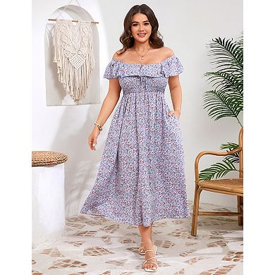 Women's Plus Size Square Neck Ruffled Midi Dress with Pockets