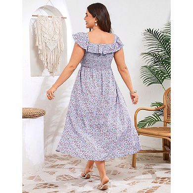 Women's Plus Size Square Neck Ruffled Midi Dress with Pockets