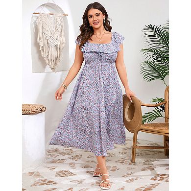 Women's Plus Size Square Neck Ruffled Midi Dress with Pockets