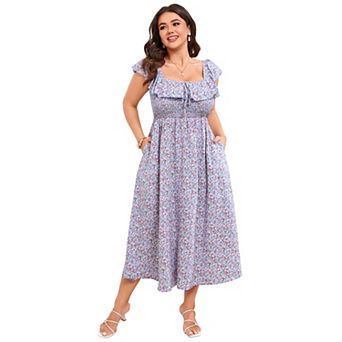 Women's Plus Size Square Neck Ruffled Midi Dress with Pockets