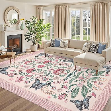 Butterfly Washable Area Rug, Stain Resistant Soft Floor Cover for Living Room