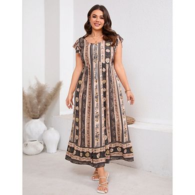 Womens Boho Maxi Dress Plus Size Short Sleeve Baggy Floral Flowy Dresses with Pockets