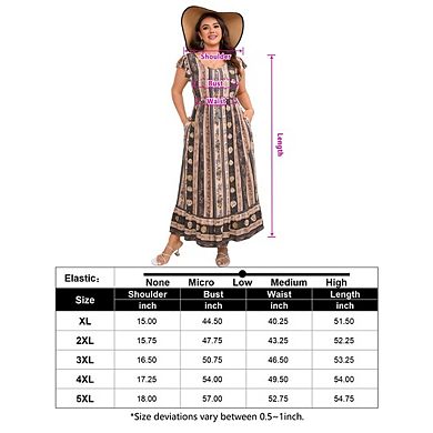 Womens Boho Maxi Dress Plus Size Short Sleeve Baggy Floral Flowy Dresses with Pockets