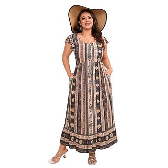 Womens Boho Maxi Dress Plus Size Short Sleeve Baggy Floral Flowy Dresses with Pockets