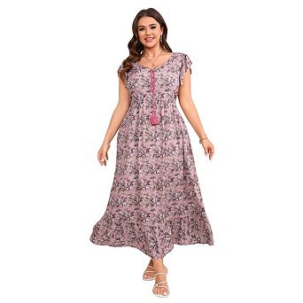 Womens Boho Maxi Dress Plus Size Short Sleeve Baggy Floral Flowy Dresses with Pockets