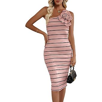 One Shoulder 3D Flower Striped Bodycon Midi Dress