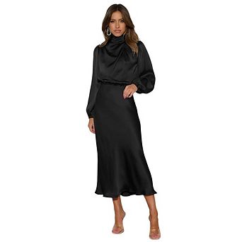 Women Formal High Waist Mock Neck Satin Dress Long Sleeve Summer Fall Wedding Maxi Dress
