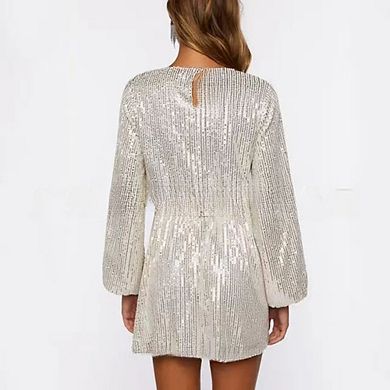 3/4 Sleeve Belted Sequin Mini Dress