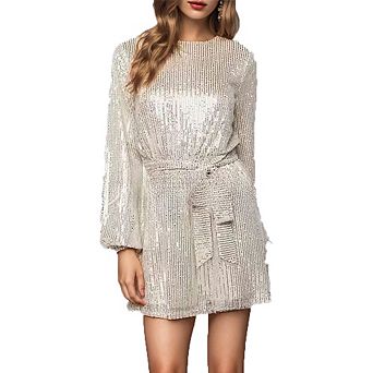 3/4 Sleeve Belted Sequin Mini Dress