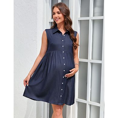 Women's Sleeveless Maternity Midi Dress with Button Front