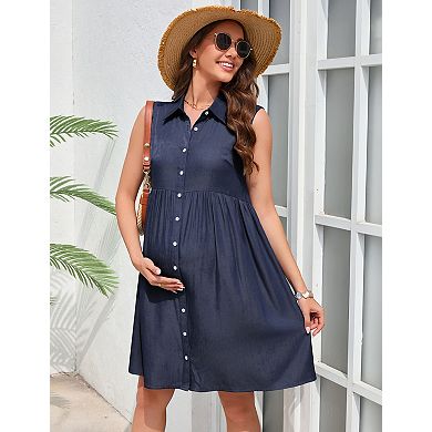 Women's Sleeveless Maternity Midi Dress with Button Front