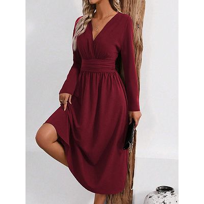 Womens Wrap V-Neck Empire Waist Dress Long Sleeve Ruched Elegant Maxi Dress
