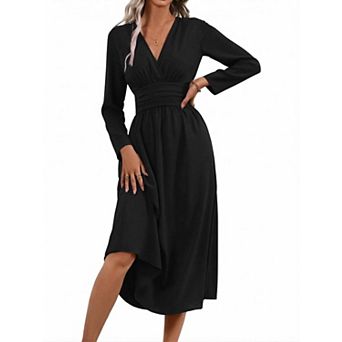 Womens Wrap V-Neck Empire Waist Dress Long Sleeve Ruched Elegant Maxi Dress