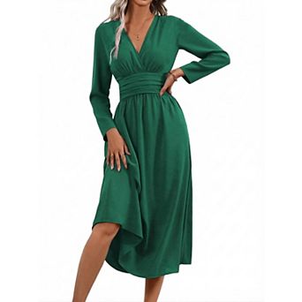 Womens Wrap V-Neck Empire Waist Dress Long Sleeve Ruched Elegant Maxi Dress