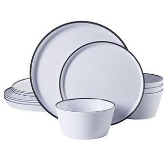 Gibson Home Folsom Shores 12 pc Modern Melamine Plates and Bowls Set White with Black Rim