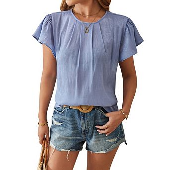 Women's Casual Cute Loose Fit Crew Neck Chiffon Blouse Pleated Bodice Flutter Sleeves T-shirt