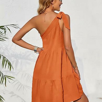 One Shoulder Ruffle Detail Tiered A-Line Mini Dress