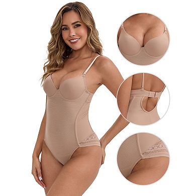 Women's Sheer Mesh Padded Body Shaper Back Hook Closure Spaghetti Straps Tummy Control Leotard