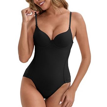 Women's Sheer Mesh Padded Body Shaper Back Hook Closure Spaghetti Straps Tummy Control Leotard