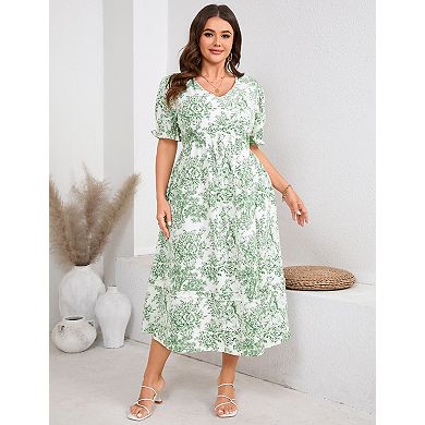 Women's Plus Size V Neck High Waist Midi Dress with Pockets