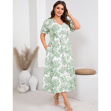 Women's Plus Size V Neck High Waist Midi Dress with Pockets