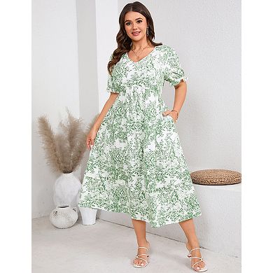 Women's Plus Size V Neck High Waist Midi Dress with Pockets