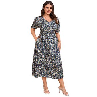 Women's Plus Size V Neck High Waist Midi Dress with Pockets