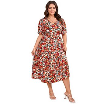 Women's Plus Size V Neck High Waist Midi Dress with Pockets