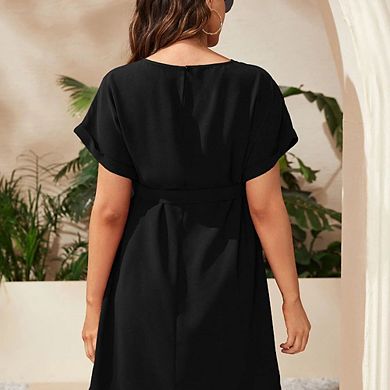 Short Sleeve Round Neck Belted Waist Maternity Mini Dress