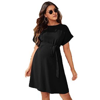 Short Sleeve Round Neck Belted Waist Maternity Mini Dress