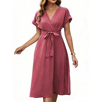 Women's V-Neck Tie Waist A-Line Dress Short Sleeve Casual Dress